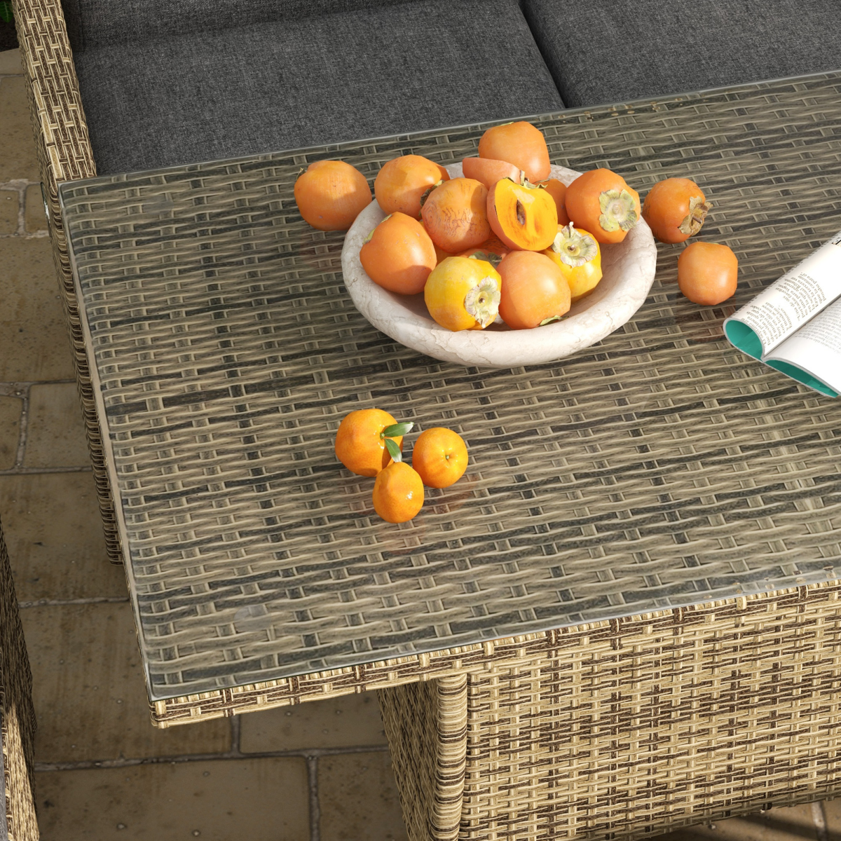 Outsunny 6-Piece Rattan Dining Set with Reclining Chairs, Glass Table and Cushions – Garden Furniture, Grey