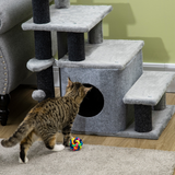 Pawhut Cat Steps for Bed & Sofa with Cat House, Hanging Ball & Adjustable 3 or 4 Steps – Pet Stairs, Grey