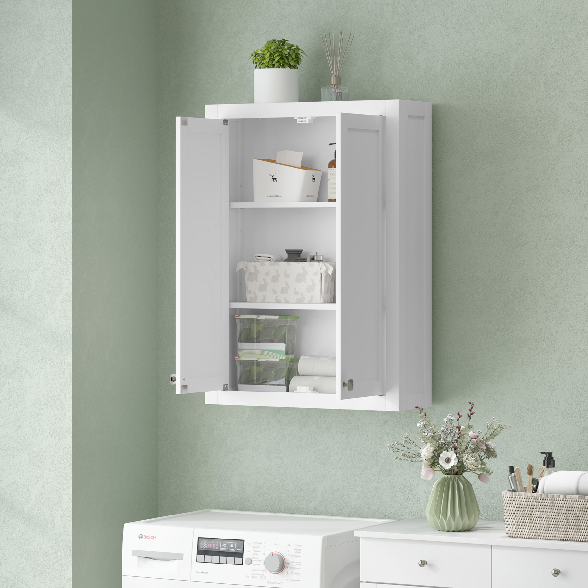 HOMCOM Wall Mounted Bathroom Cabinet with 2 Adjustable Shelves & Magnetic Doors – Space-Saving Storage, White