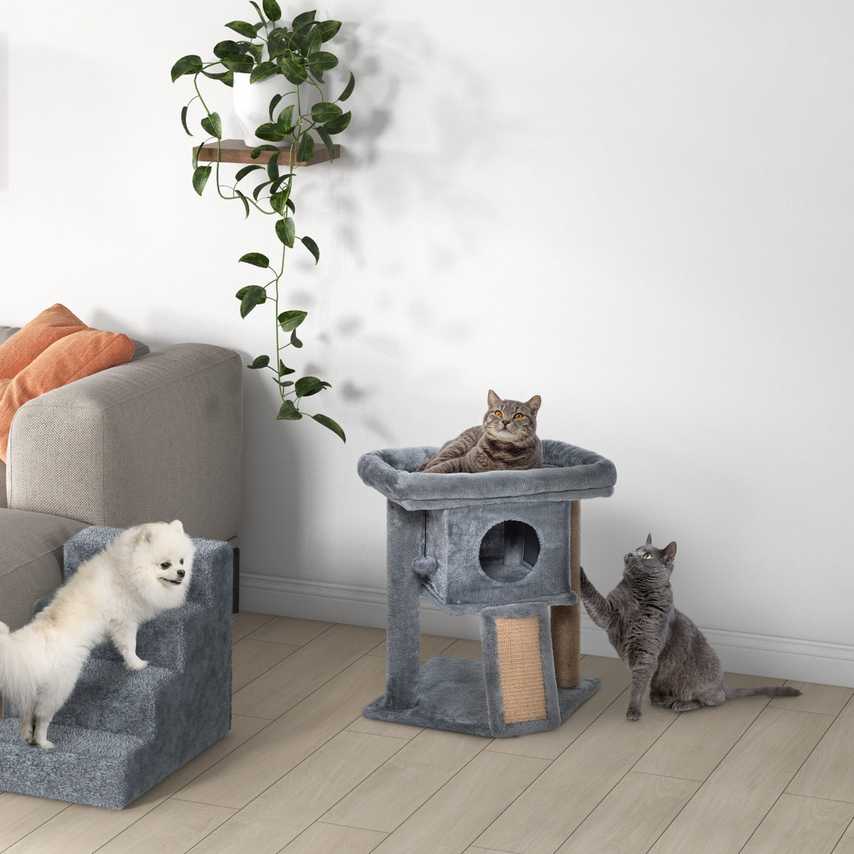 Pawhut Multilevel Cat Tree with Cat House, Jute Scratching Pad and Hanging Toy Ball – Plush Activity Centre, Grey