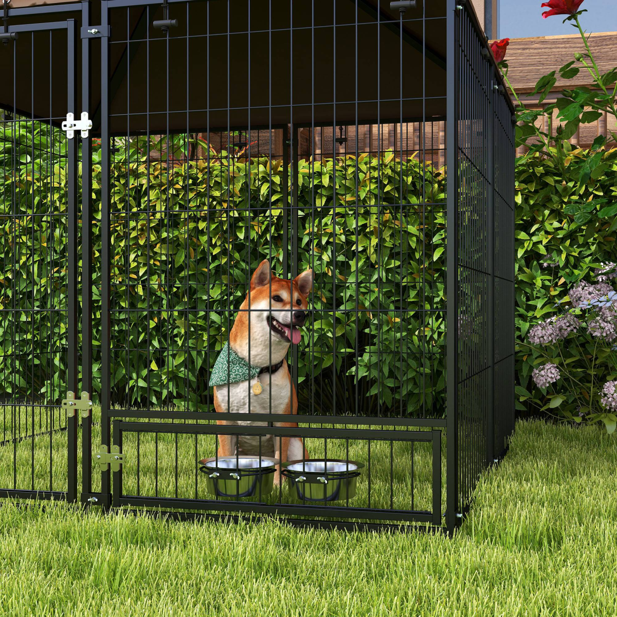PawHut Outdoor Dog House Kennel with Canopy Top & Secure Lock, Rotating Bowl Holder – Black and Brown