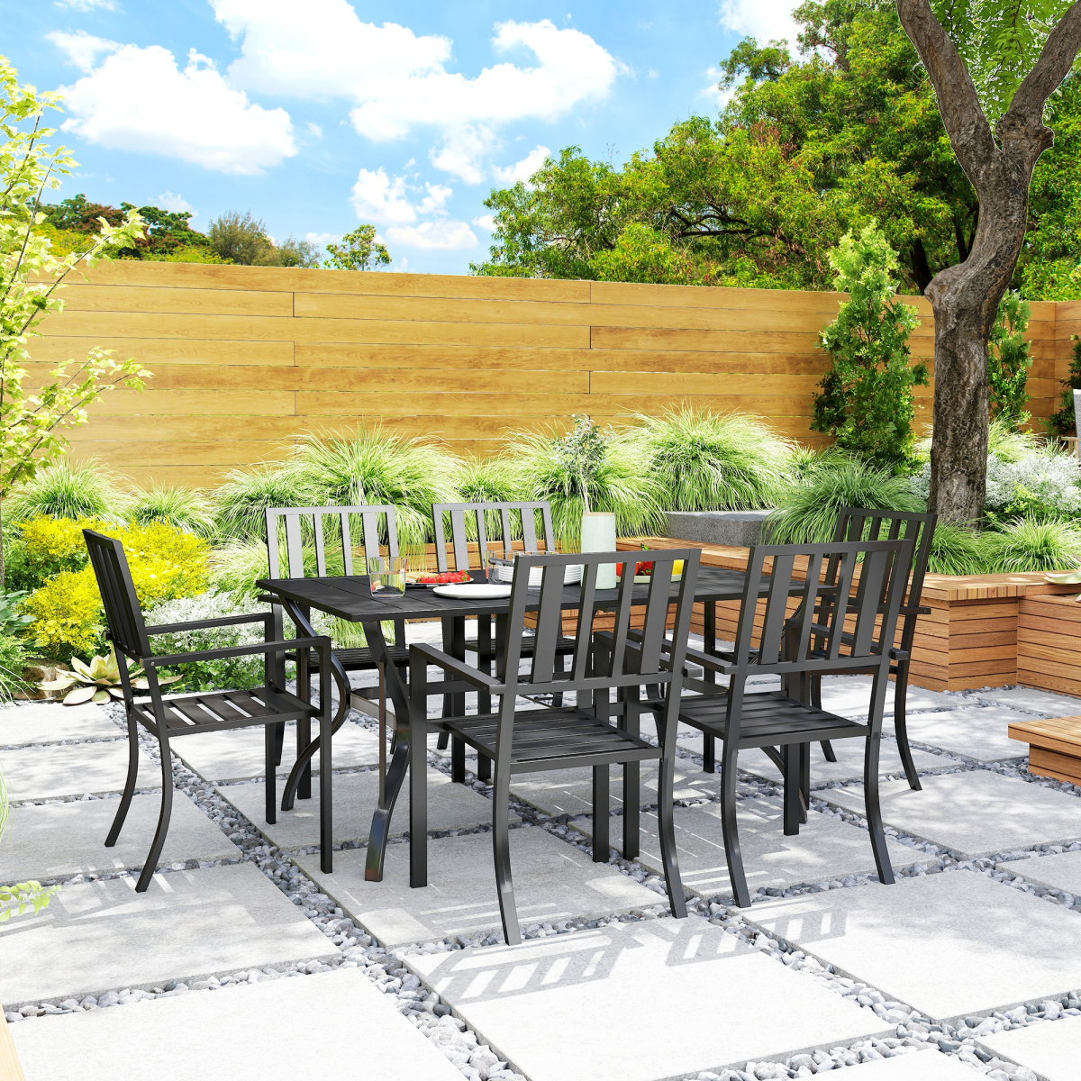 Outsunny 7-Piece Steel Patio Dining Set with 42mm Umbrella Hole – Table & 6 Stackable Chairs, Black