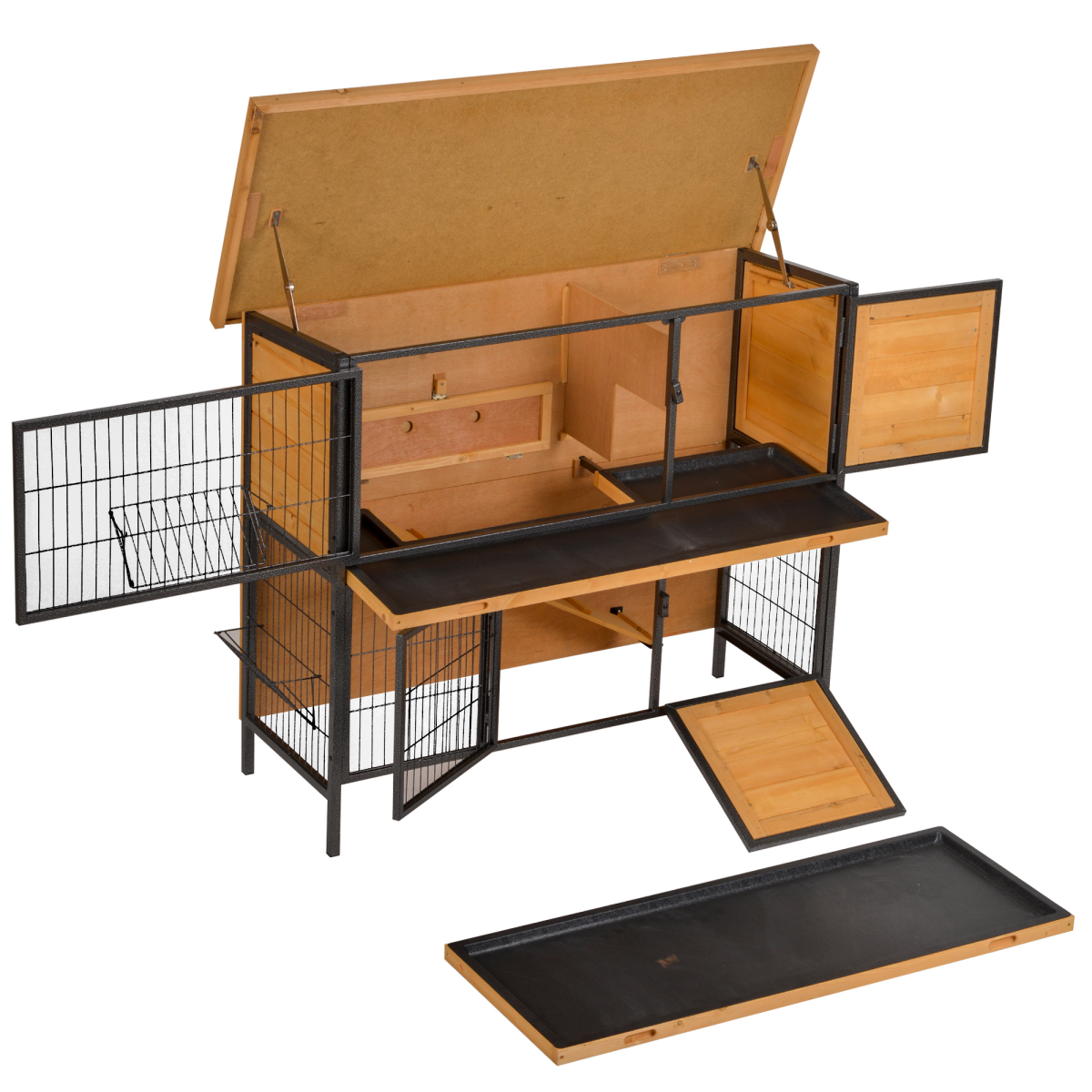 PawHut Wooden Rabbit Hutch with Metal Frame, Run & Slide-Out Tray – Outdoor Bunny House, Light Yellow