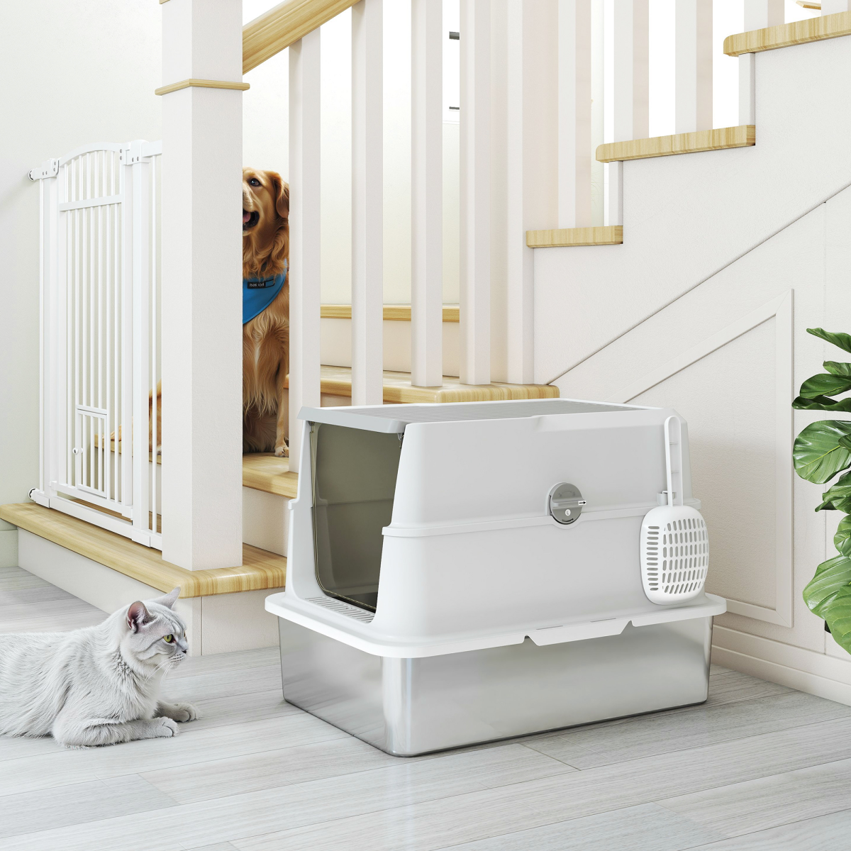 PawHut Extra Large Enclosed Stainless Steel Cat Litter Tray with Scoop and Flip Top Lid – Odour-Resistant Litter Box