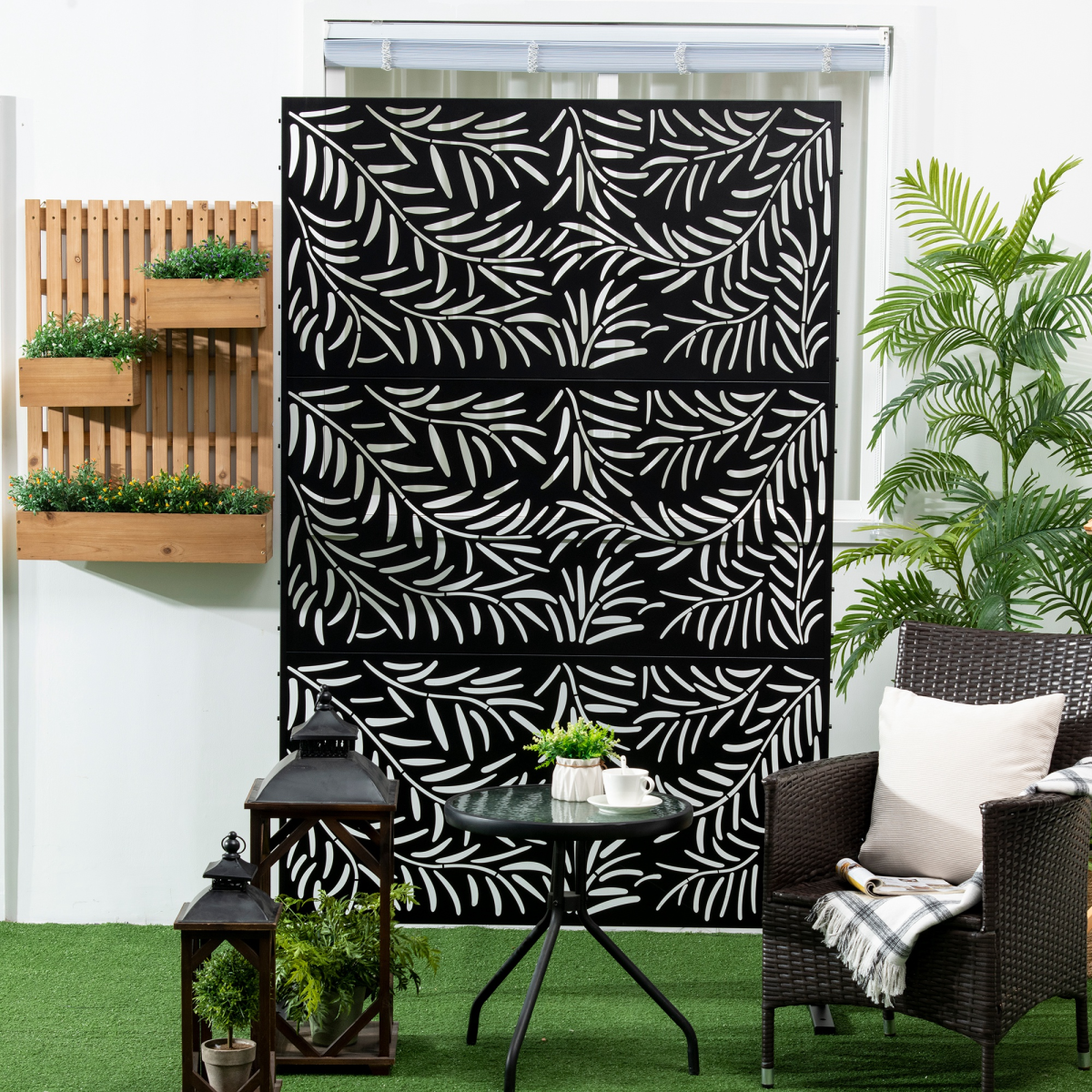 Outsunny 6.5ft Metal Garden Privacy Screen with Leaf Cut-Out Design & Ground Stakes – Freestanding Divider