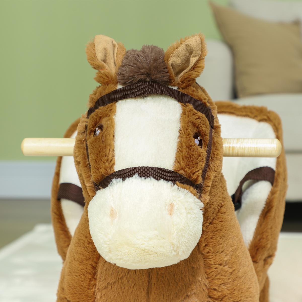 AIYAPLAY Kids Rocking Horse with Neighing Sounds, Safety Belt and Footrest – Toddler Ride On, Brown