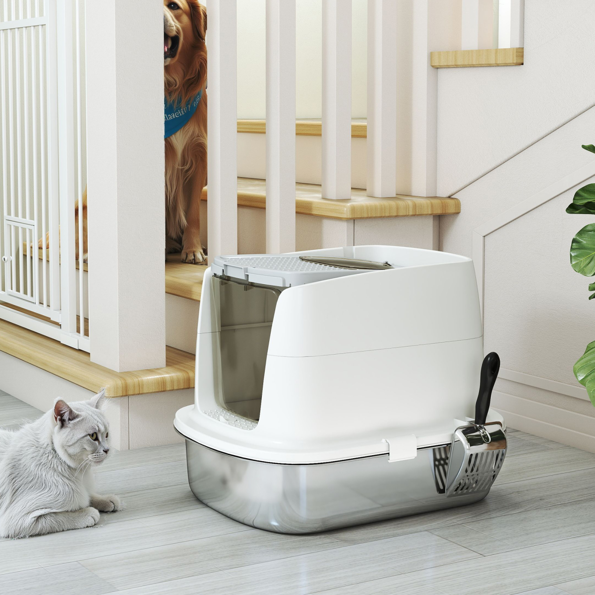 PawHut Enclosed Stainless Steel Cat Litter Box with Scoop, Front Entry & Top Exit – Scratch-Proof Litter Tray for Cats up to 5kg, White