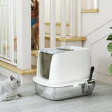 PawHut Enclosed Stainless Steel Cat Litter Box with Scoop, Front Entry & Top Exit – Scratch-Proof Litter Tray for Cats up to 5kg, White