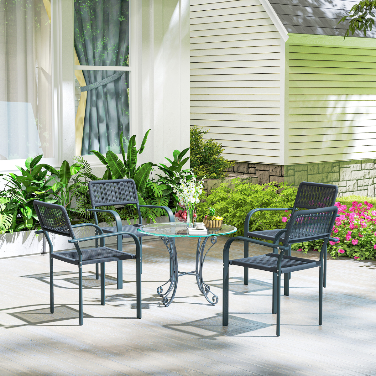 Outsunny Set of 4 Stackable Garden Chairs with Rattan Effect & Steel Frame – Space-Saving Patio Seating, Dark Grey