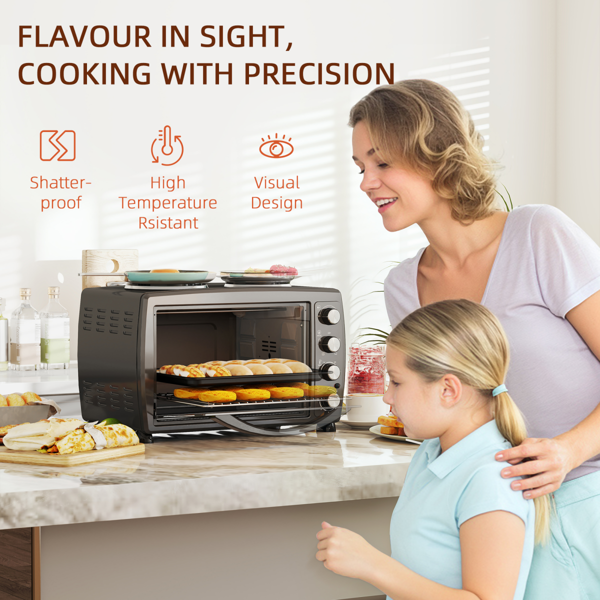 HOMCOM 36L Countertop Toaster Oven with 2 Hot Plates – Grill, Roast & Bake, Mini Kitchen Cooker