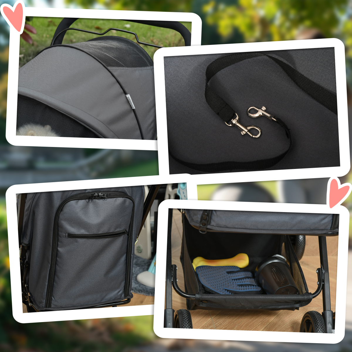 Pawhut Foldable Dog Pet Stroller with Reversible Handle, Canopy and Storage Basket – Travel Carriage, Grey
