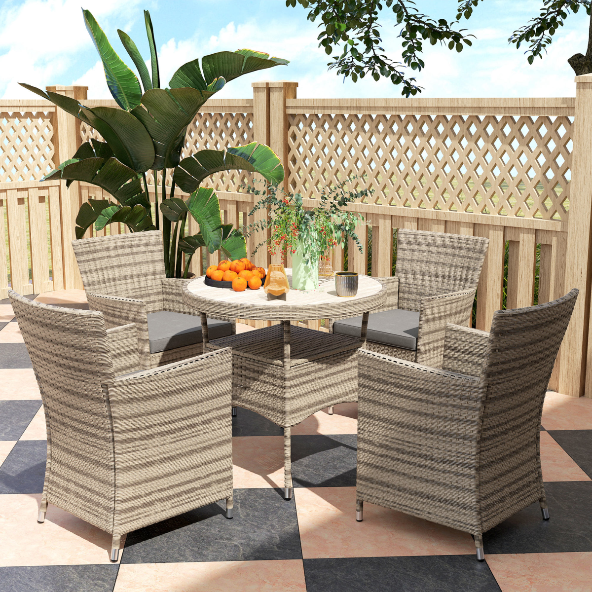 Outsunny 5-Piece Rattan Dining Set for 4 with Cushioned High-Back Chairs & Two-Tier Table – Patio, Grey