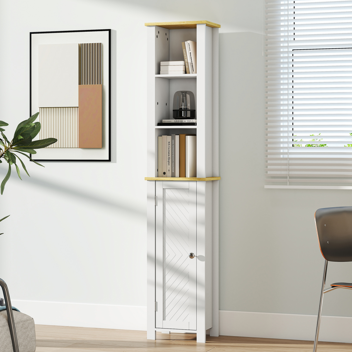 kleankin Slim Bathroom Storage Unit with Open Compartment and Adjustable Shelf – Narrow Cabinet, White