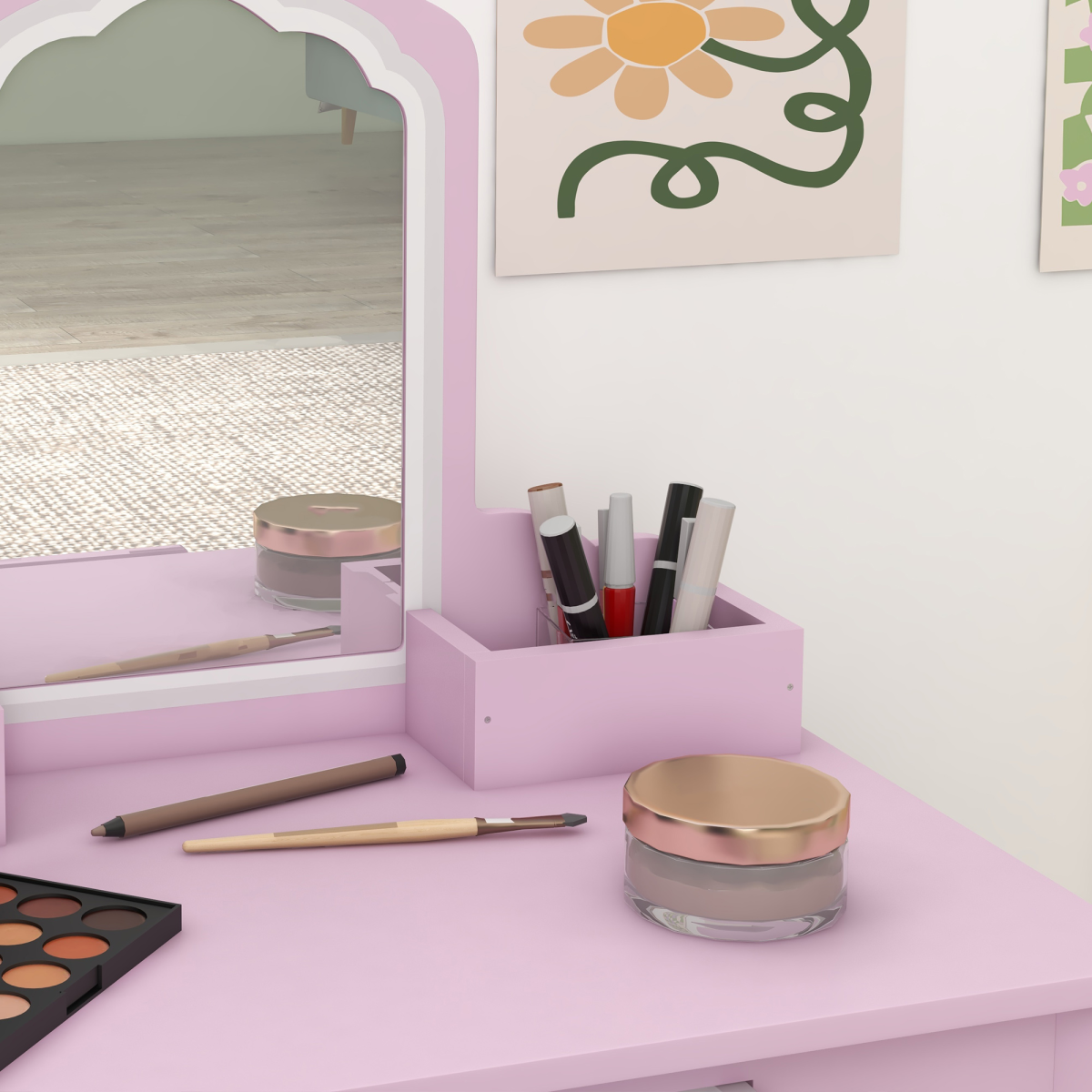 ZONEKIZ Kids Dressing Table with Cloud Design, Mirror, Stool, Drawer and Storage Boxes – Pink