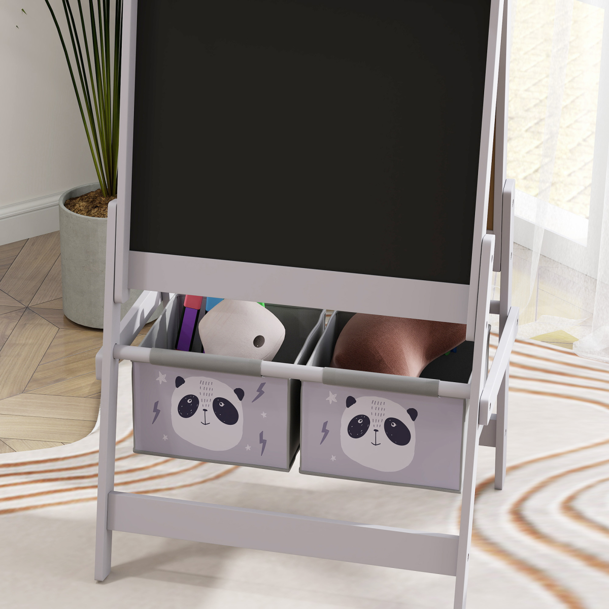 AIYAPLAY 3-in-1 Kids Easel with Paper Roll, Blackboard, Whiteboard and Storage Baskets – Grey