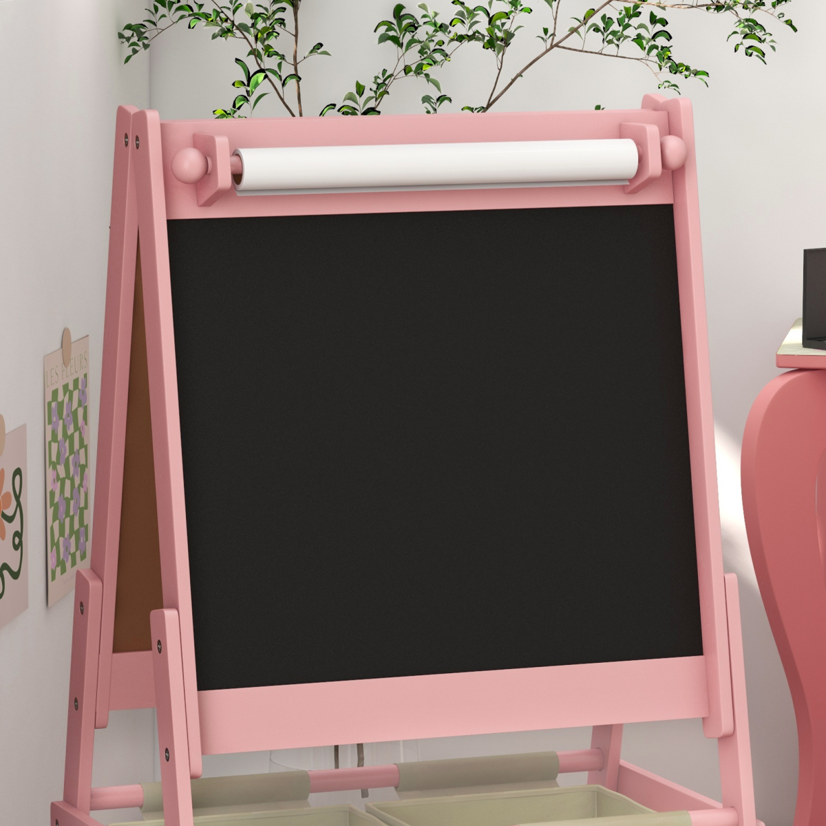 AIYAPLAY Kids Easel with Paper Roll, Blackboard, Whiteboard and Storage Baskets – 3-in-1 Art Easel, Pink