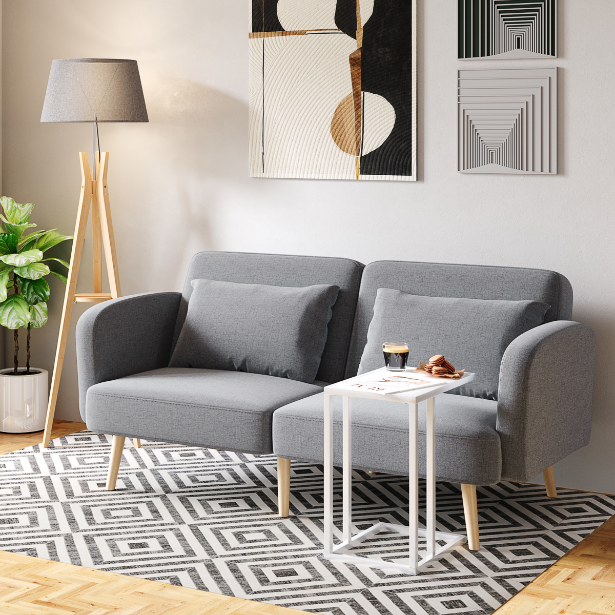 HOMCOM Tripod Floor Lamp with Fabric Shade & Built-In Storage Shelf – Living Room Standing Light, Grey