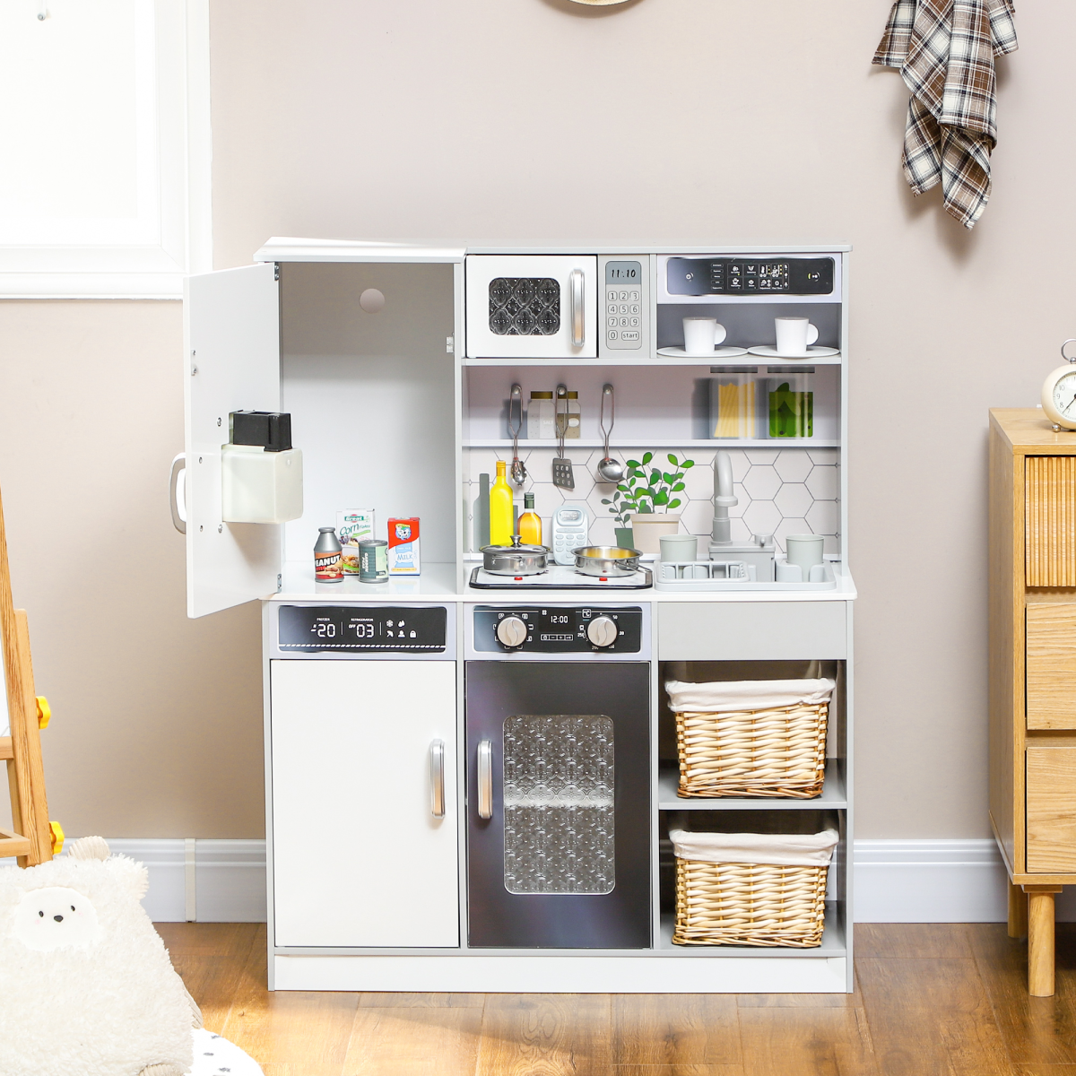 AIYAPLAY Play Kitchen with Lights, Sounds, Microwave, Fridge and Coffee Maker – Pretend Toy Kitchen, White