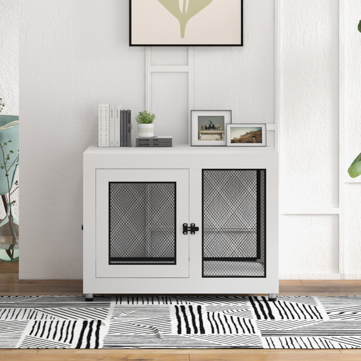PawHut Dog Kennel End Table with Two Doors & Soft Cushion – Indoor Crate for Large Dogs, White