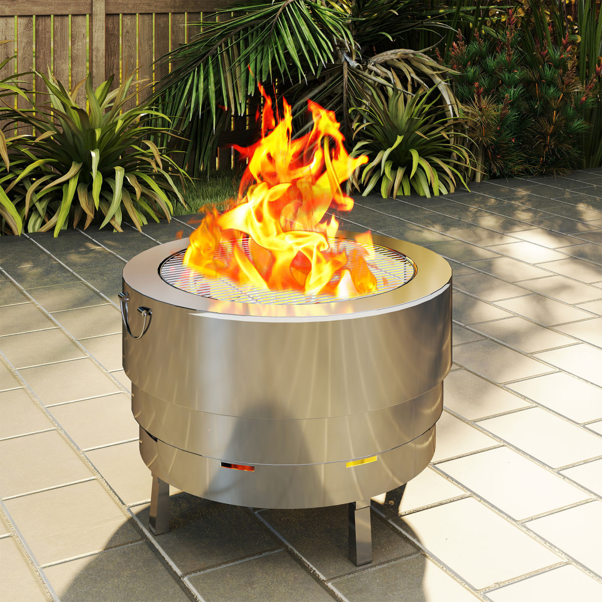 Outsunny Round Stainless Steel Fire Pit with Grill Net and Poker – Portable Garden Firepit, Silver