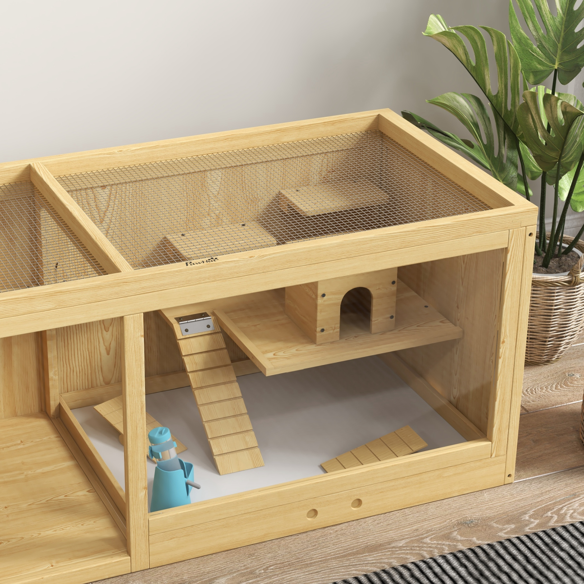 PawHut Wooden Hamster Cage with Water Bottle, Platforms, Seesaw & Openable Roof – Dwarf Hamster Habitat