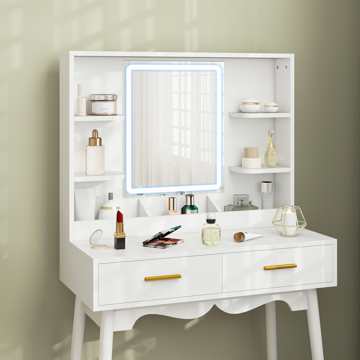 HOMCOM Dressing Table Set with LED Lighted Mirror, 2 Drawers, 4 Shelves & Cushioned Stool – White and Gold