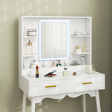 HOMCOM Dressing Table Set with LED Lighted Mirror, 2 Drawers, 4 Shelves & Cushioned Stool – White and Gold