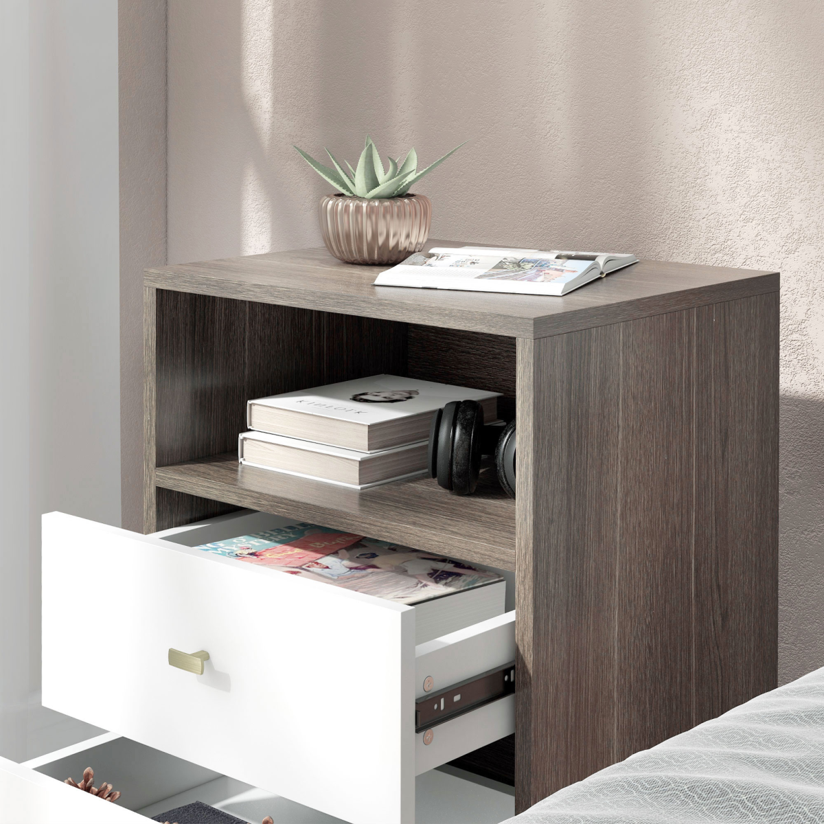 HOMCOM Modern Bedside Tables Set of 2 with 2 Drawers & Open Cubby – Scandinavian-Industrial Nightstands