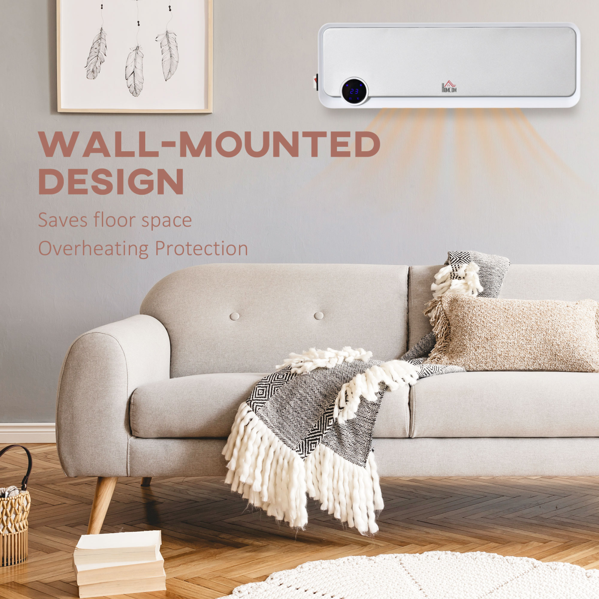 HOMCOM Wall Mounted Downflow Ceramic Heater with 12h Timer, Remote Control and 30° Oscillation – 1000W/2000W