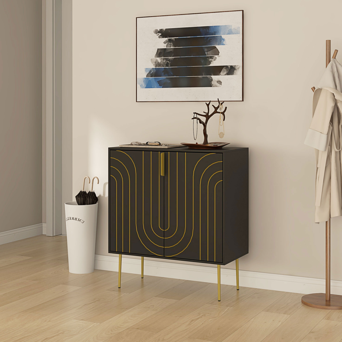 HOMCOM Art Deco Storage Cabinet with Gold Embossed Doors & Adjustable Shelf – Freestanding, Black