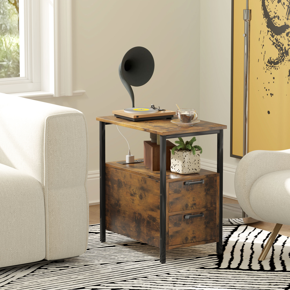 HOMCOM Bedside Table with Charging Station, 2 Drawers and Open Shelf – Nightstand or Side Table, Rustic Brown