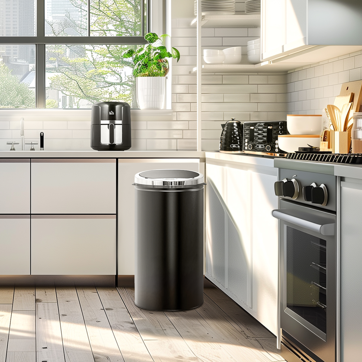 HOMCOM 42L Stainless Steel Sensor Kitchen Bin with Removable Inner Bucket – Black