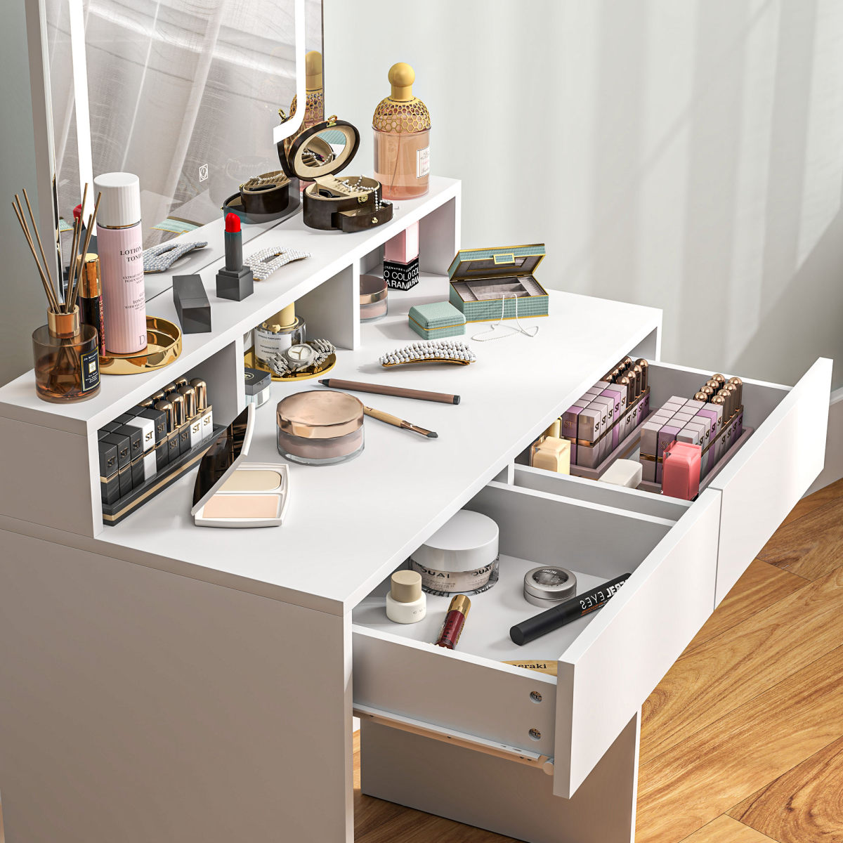 HOMCOM Dressing Table with LED Mirror, 2 Drawers & 3 Open Compartments – Makeup Vanity, White