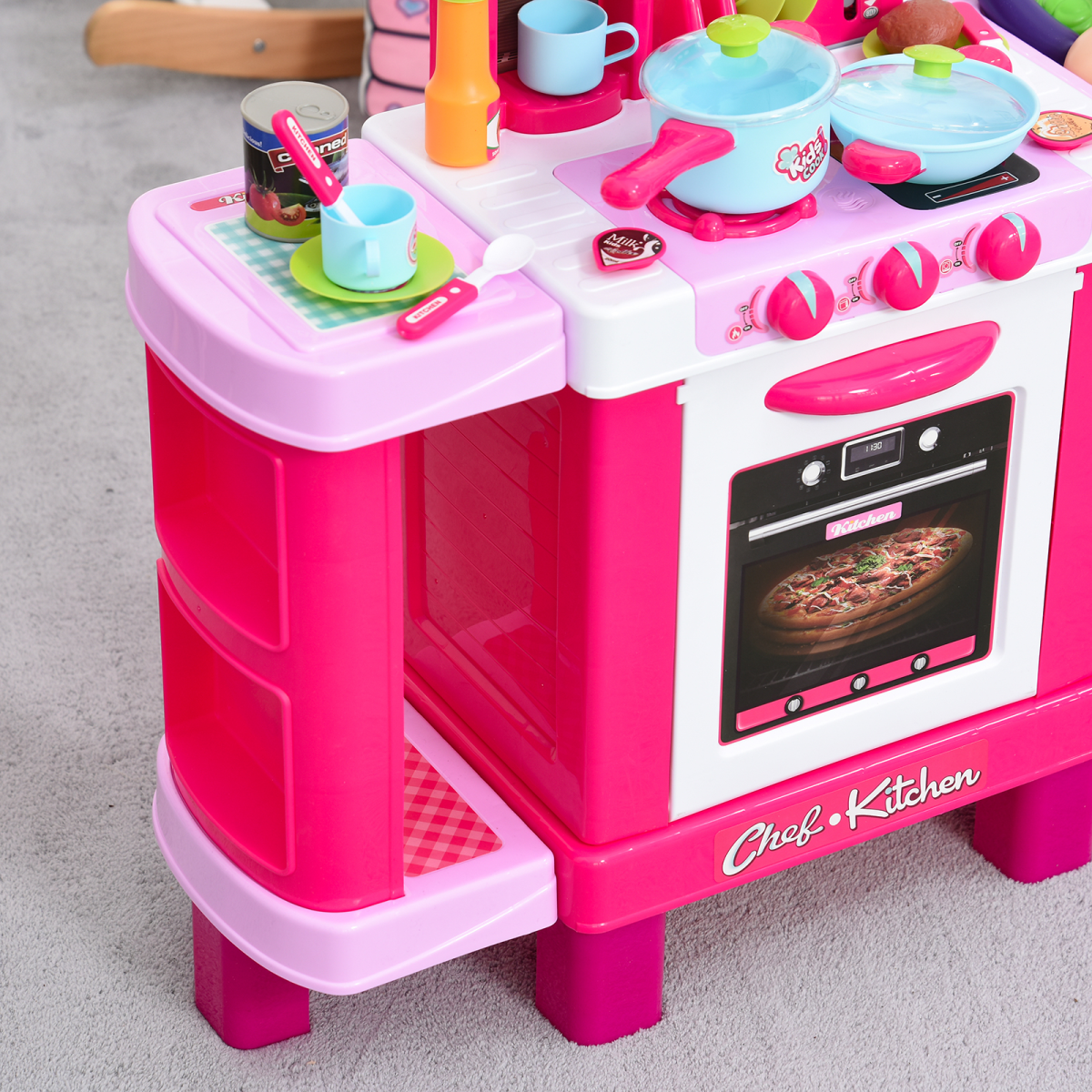 HOMCOM 38-Piece Kids Kitchen Play Set with Oven, Sounds and Lights – Role Play Toy, Pink