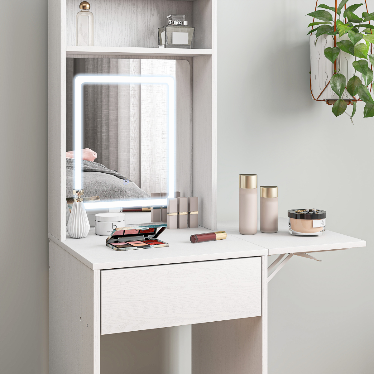 HOMCOM Compact Dressing Table with LED Lighted Mirror, Drop Leaf, Open Shelves & Drawer – White
