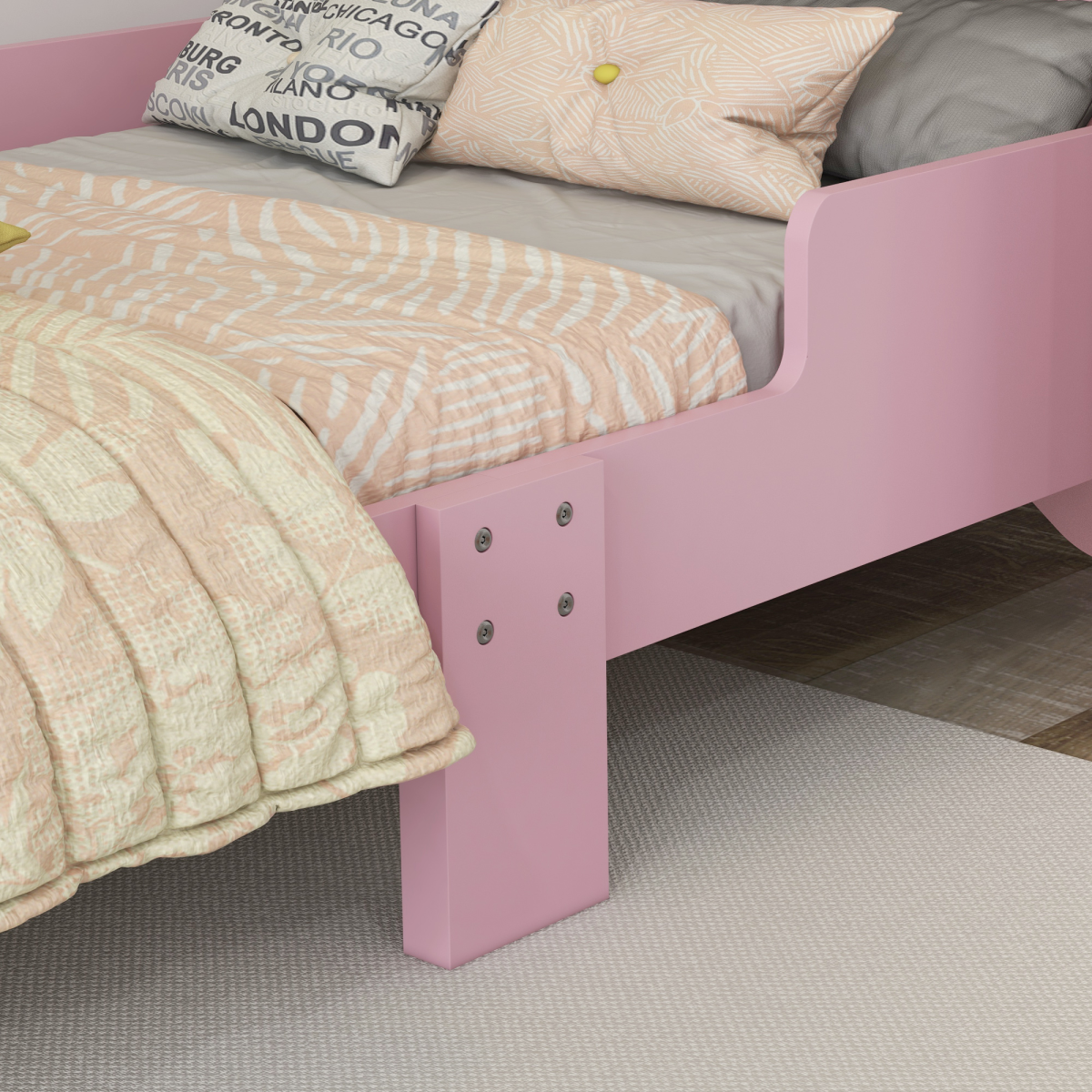 ZONEKIZ Toddler Bed Frame with Cat Design and Guardrails – Low Kids Bed for Ages 3–6, Pink
