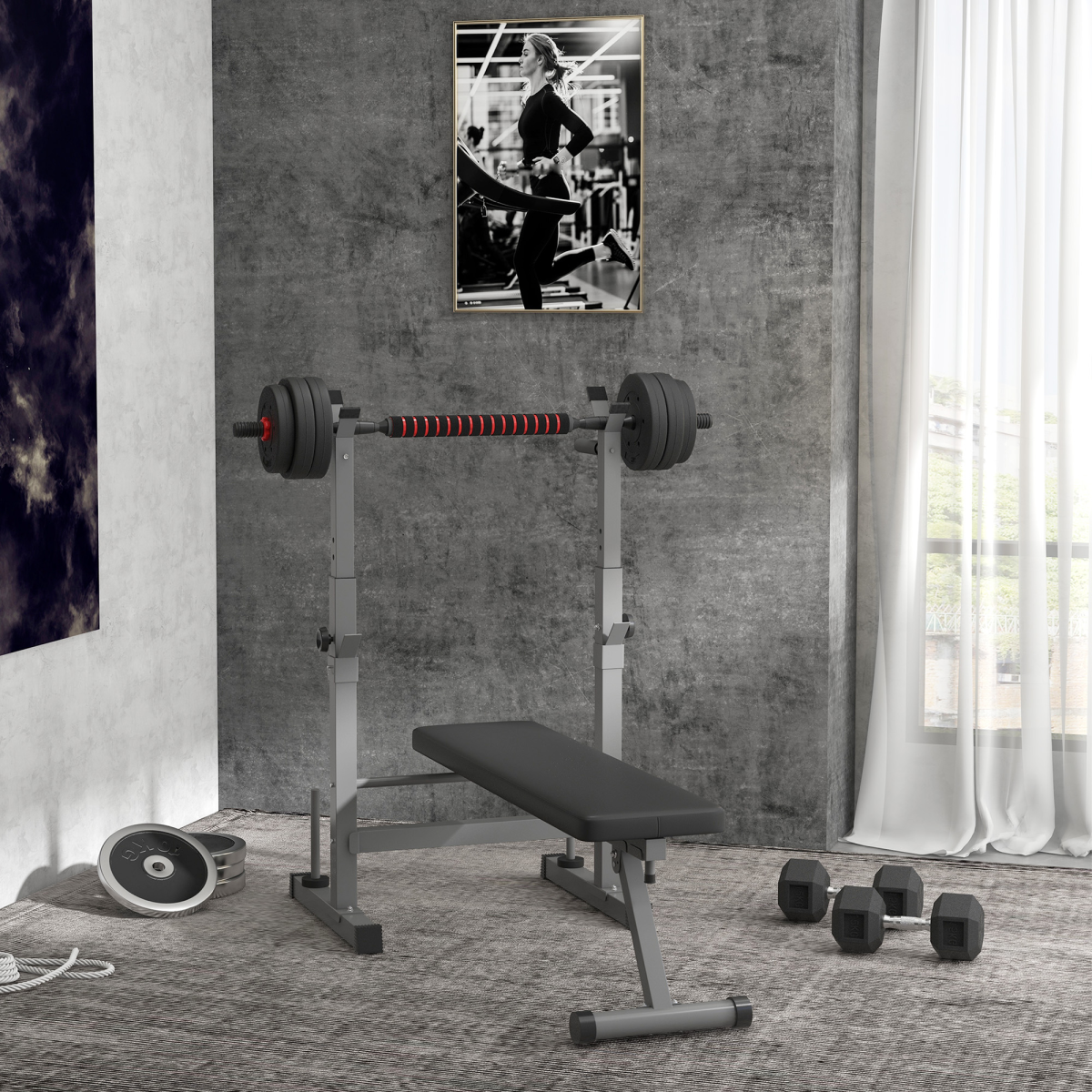 HOMCOM Foldable Adjustable Weight Bench with Barbell Rack & Dip Station – Home Gym Bench Press Station