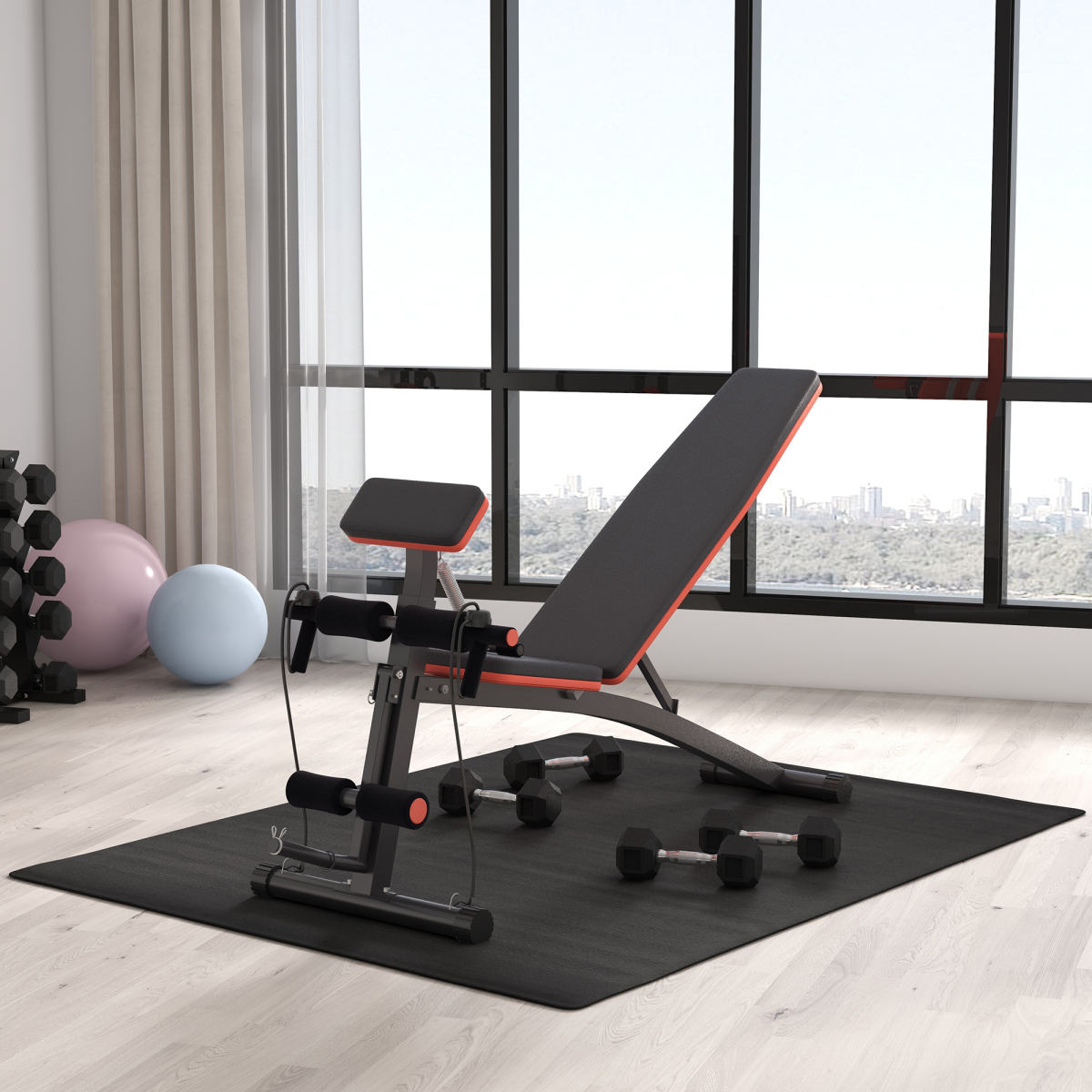 HOMCOM Foldable Weight Bench with 7 Incline Positions, Foam Rollers & Exercise Ropes – Home Gym Workout Bench