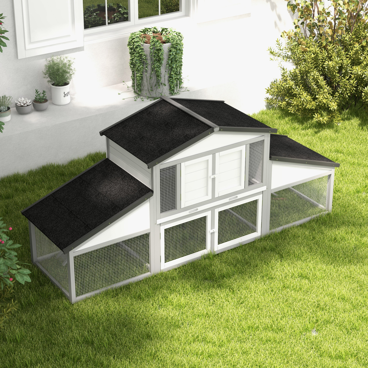 PawHut Large Two-Tier Rabbit Hutch with Run, Tray & Ramp – Wooden Guinea Pig House, Grey