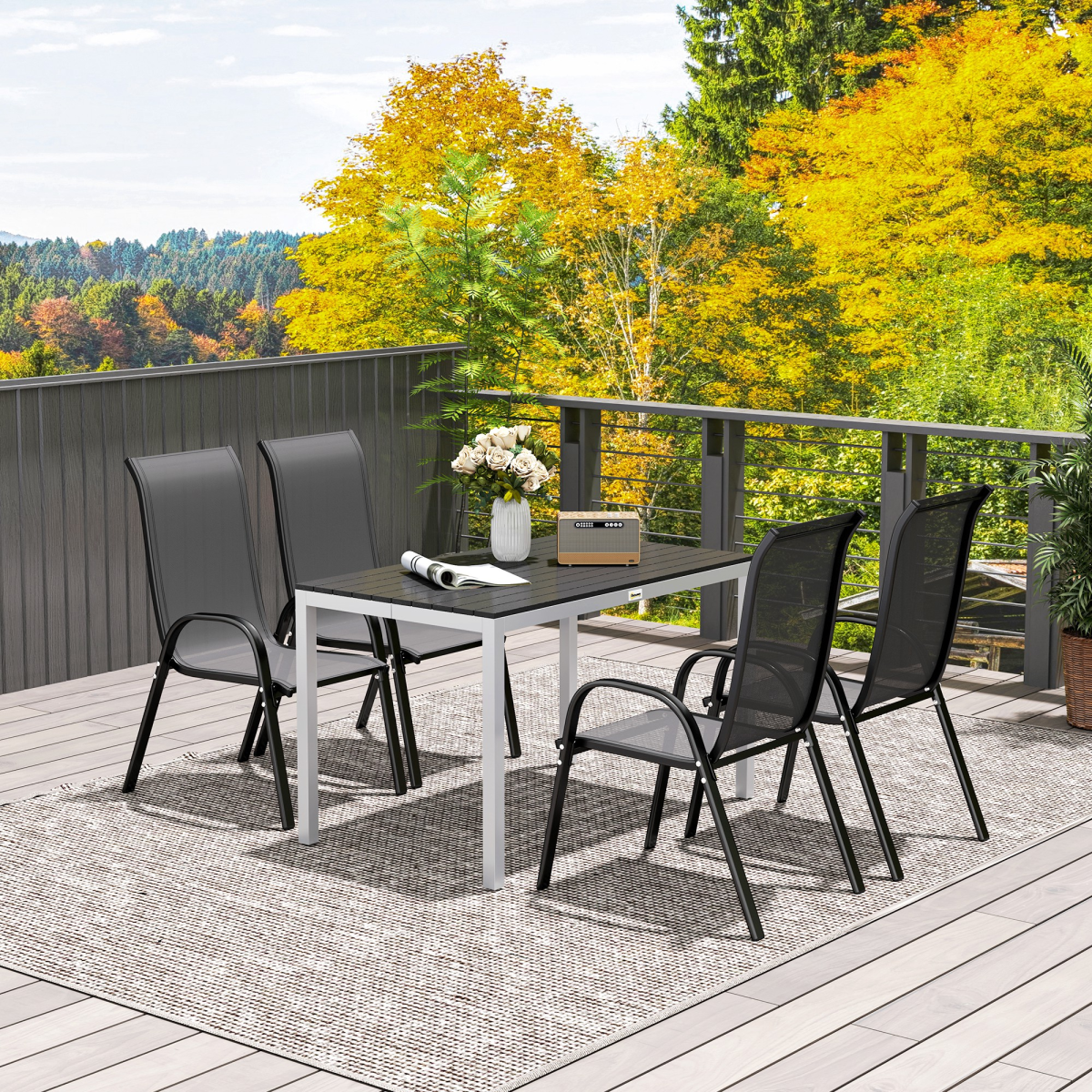 Outsunny Garden Table for 4-6 with Aluminium Frame & Slatted Top, 120 x 70 cm – Outdoor Patio Table, Black