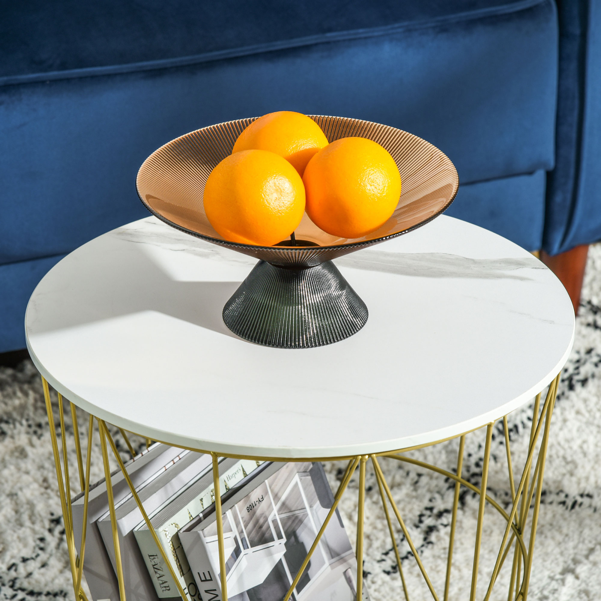 HOMCOM Set of 2 Nesting Side Tables with Marble-Effect Removable Top and Basket – Gold Steel Frame, White