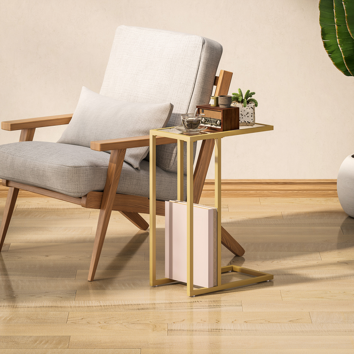 HOMCOM C-Shaped Side Table with Tempered Glass Top – Space-Saving Sofa End Table, Gold