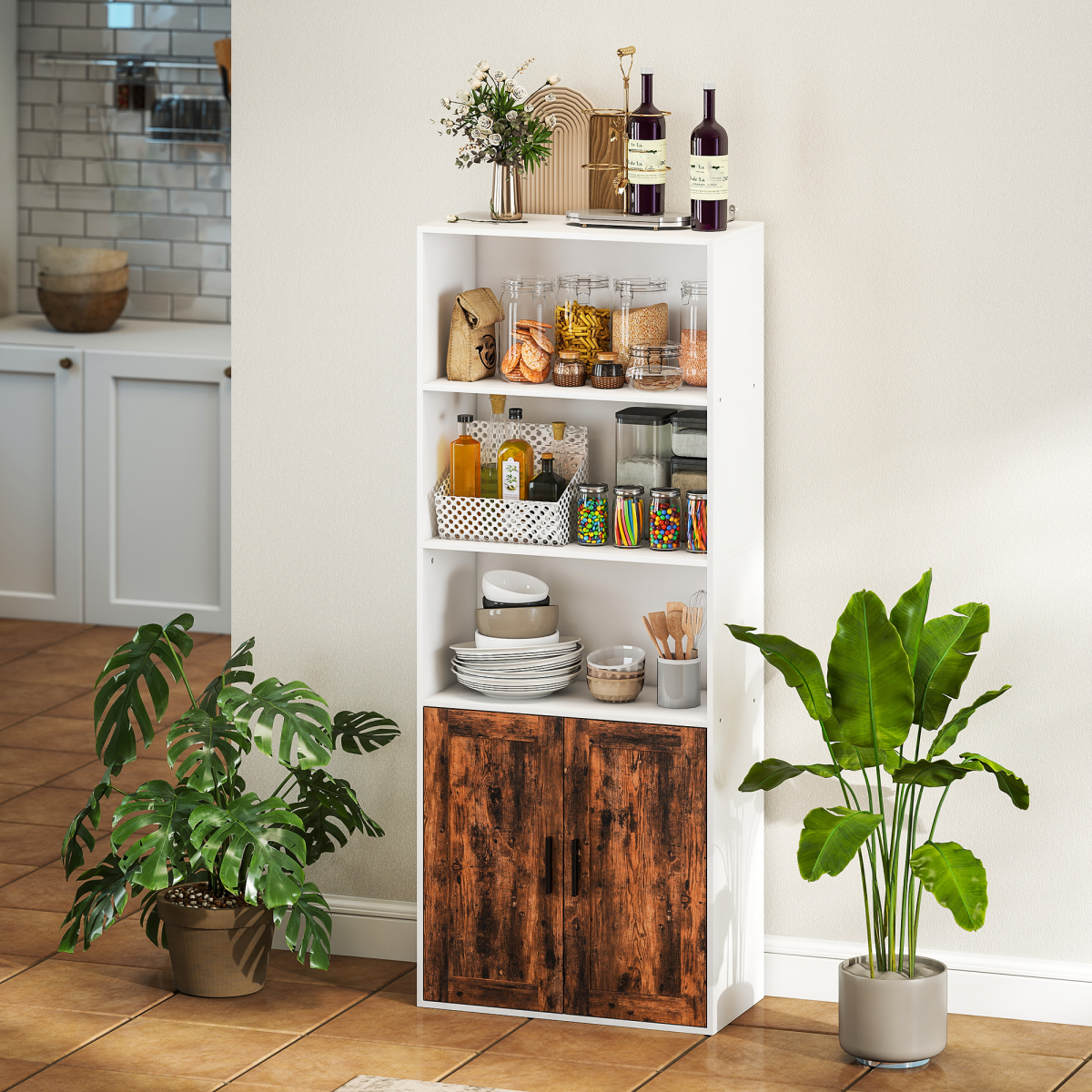 HOMCOM 5-Tier Bookcase with Double-Door Cupboard and Adjustable Shelf – Tall Storage Bookshelf, Rustic Brown