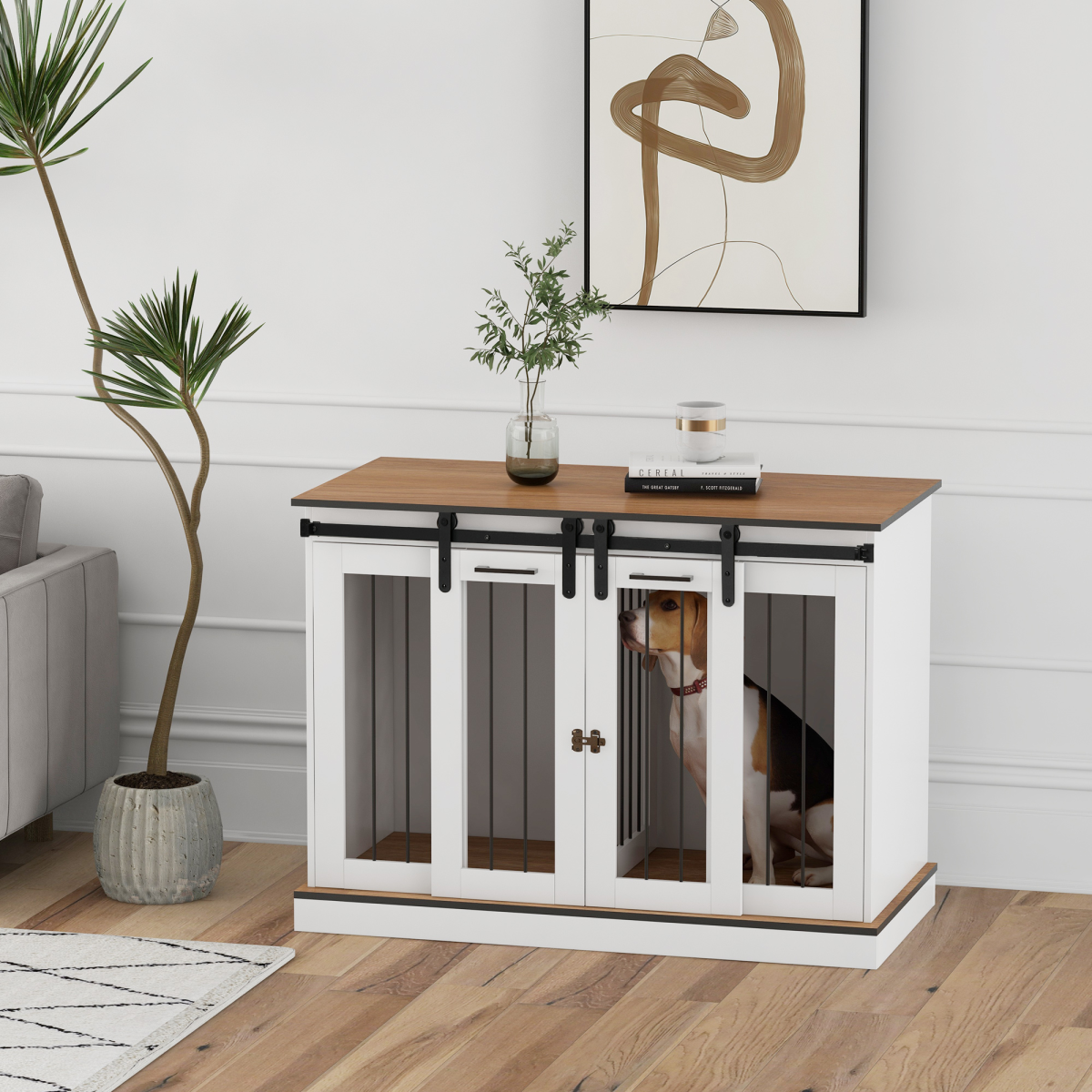 PawHut Dog Crate Furniture with Divider & Large Tabletop – Double Dog Cage for Small to Large Dogs, White
