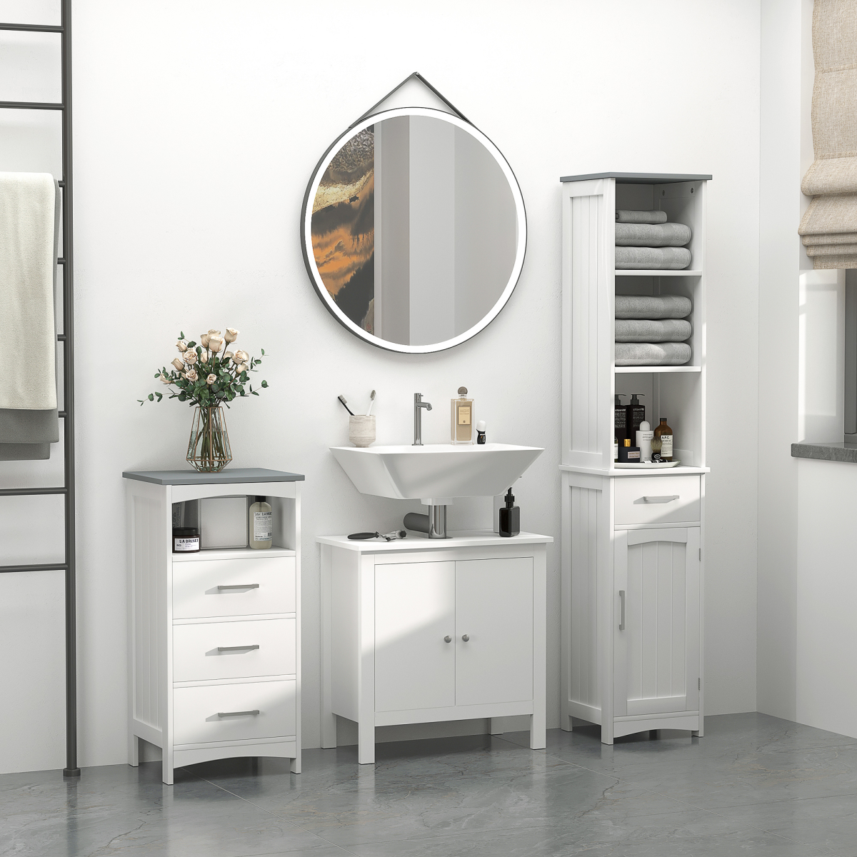 kleankin Tall Slim Bathroom Storage Cabinet with Drawer and Cupboard – Freestanding Linen Tower, White