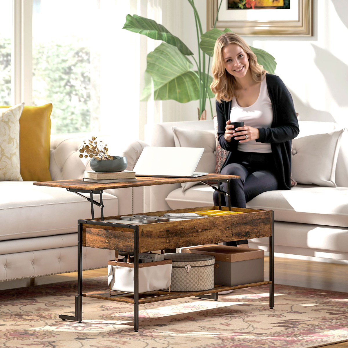 HOMCOM Industrial Lift Top Coffee Table with Hidden Storage Compartment & Open Shelf – Rustic Brown