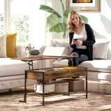 HOMCOM Industrial Lift Top Coffee Table with Hidden Storage Compartment & Open Shelf – Rustic Brown