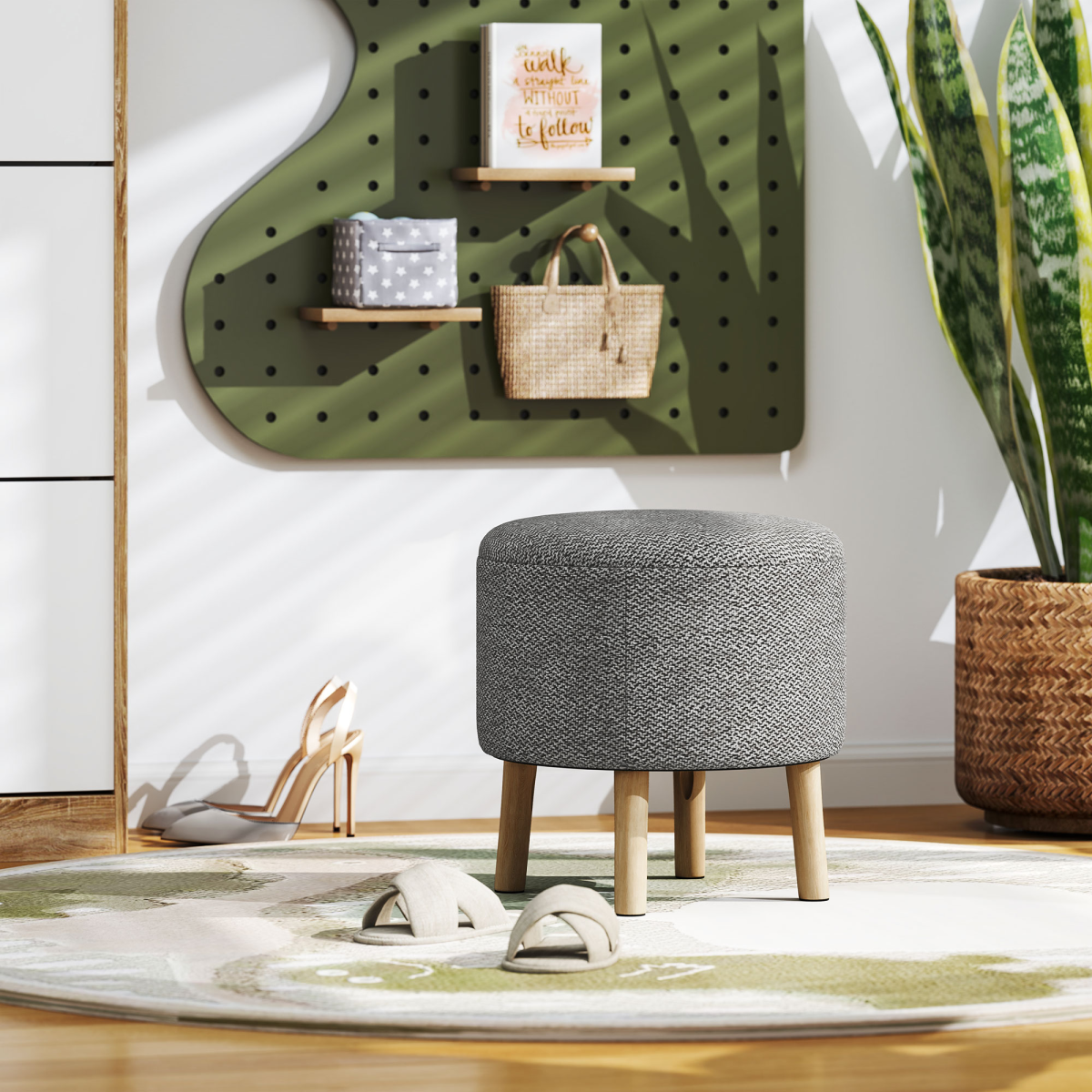 HOMCOM Round Storage Ottoman with Cushioned Top & Hidden Space – Footstool, Light Grey