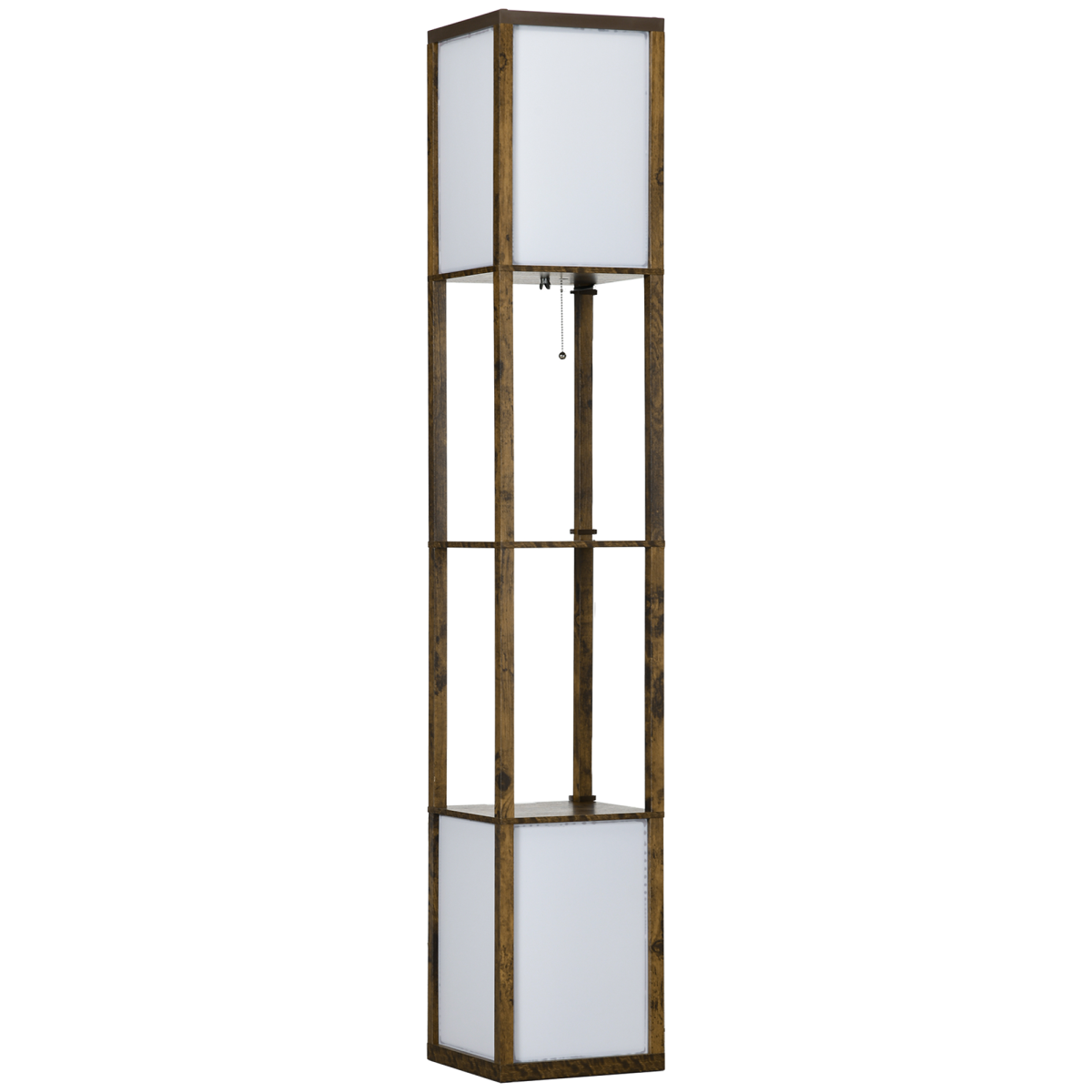HOMCOM Dual Light Shelf Floor Lamp with Fabric Lampshades & Display Shelves – Living Room Lighting, Brown