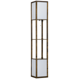 HOMCOM Dual Light Shelf Floor Lamp with Fabric Lampshades & Display Shelves – Living Room Lighting, Brown